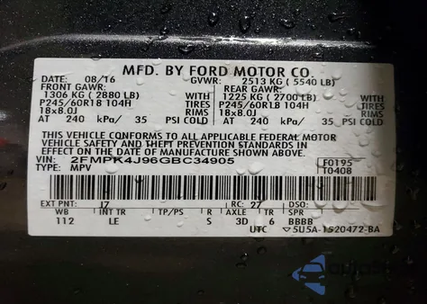 2016 Ford Edge Sel from USA, damaged, VIN 2FMPK4J96GBC34905
